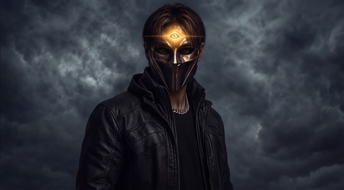 Xupra wearing the golden mask, third eye glowing